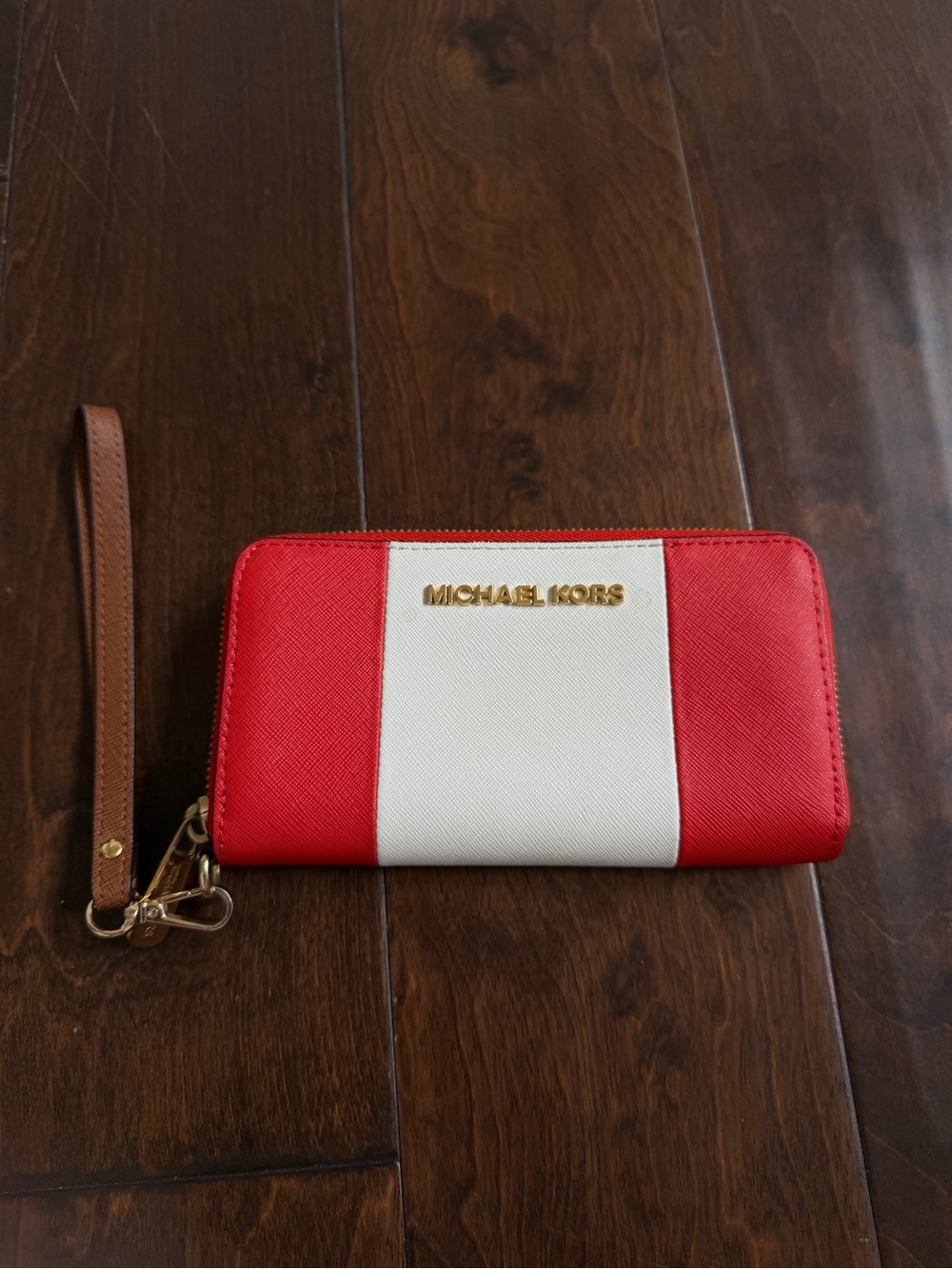 Michael Kors Red and White Zip-Around Wristlet with Brown Strap